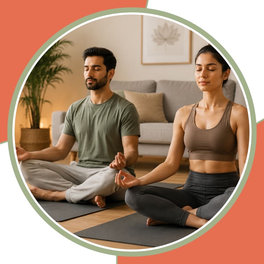 A man and a woman meditating in a cozy living room setting, framed within a circular graphic design with coral and white accents.