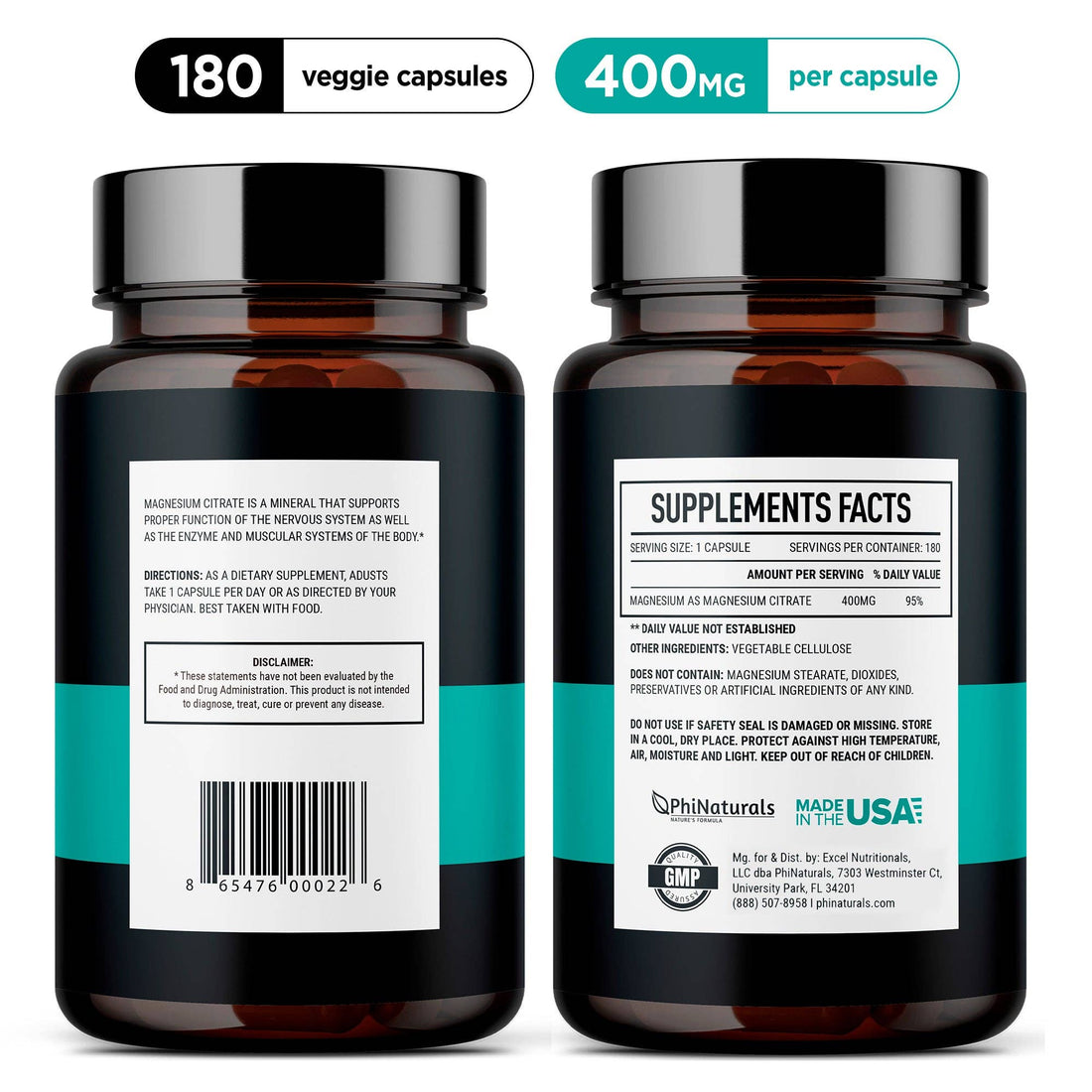 Phi Naturals Magnesium Citrate 400mg – Sleep, Relaxation, Muscle & Energy Support | Non-GMO, Gluten Free