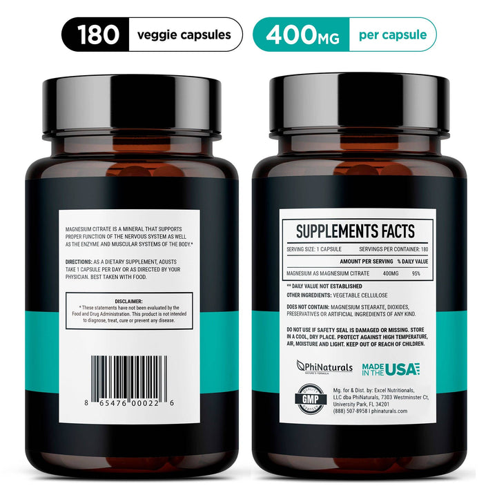 Phi Naturals Magnesium Citrate 400mg – Sleep, Relaxation, Muscle & Energy Support | Non-GMO, Gluten Free